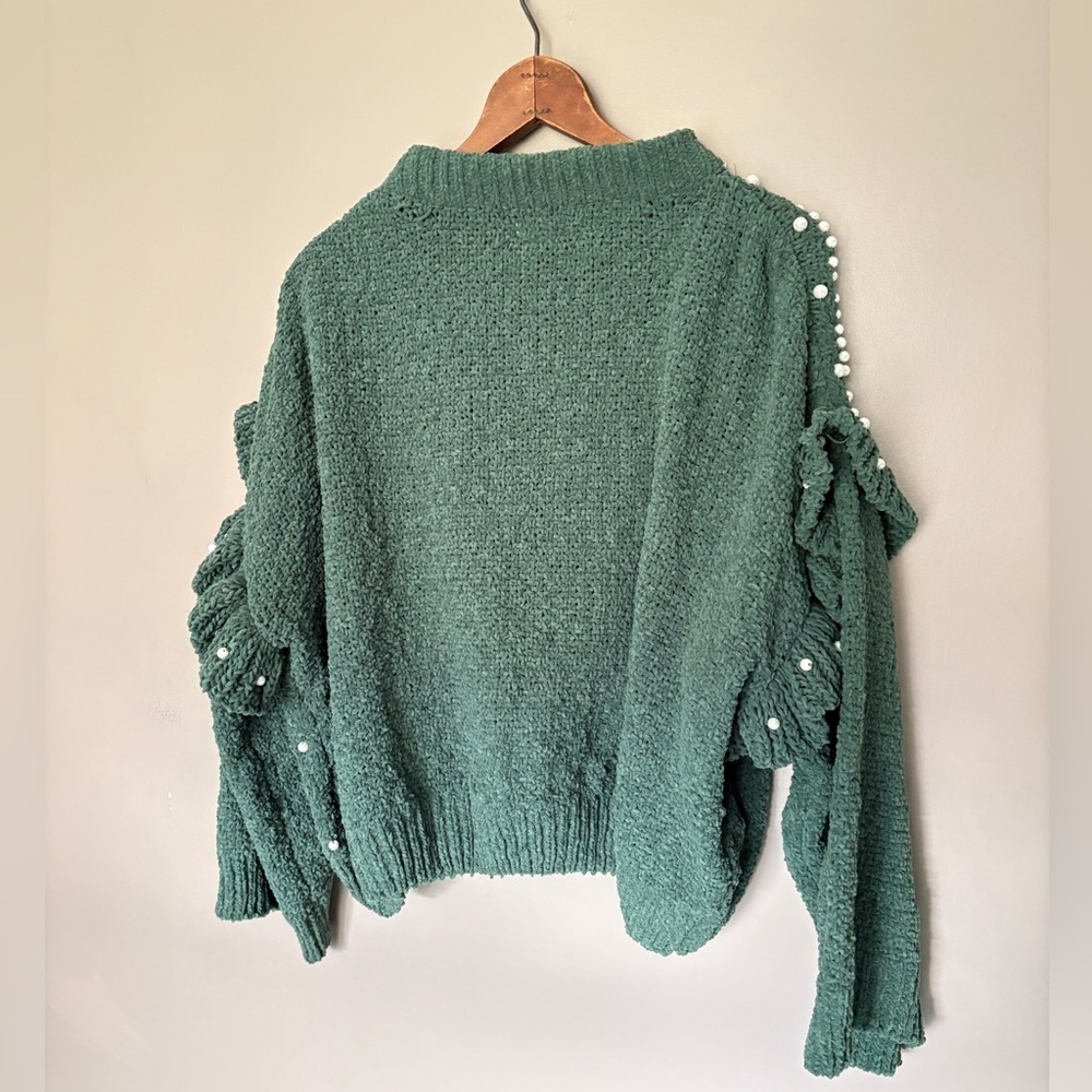POL green chenille cropped sweater pearl embellished ruffle sleeves boho S EUC - Picture 3 of 15